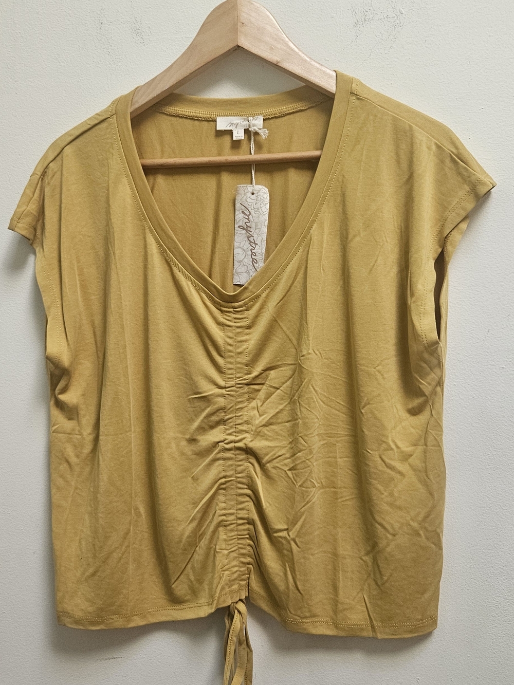 Mystree Women's Mustard V-Neck Ruched Tie-Hem Crop Top Size L NWT